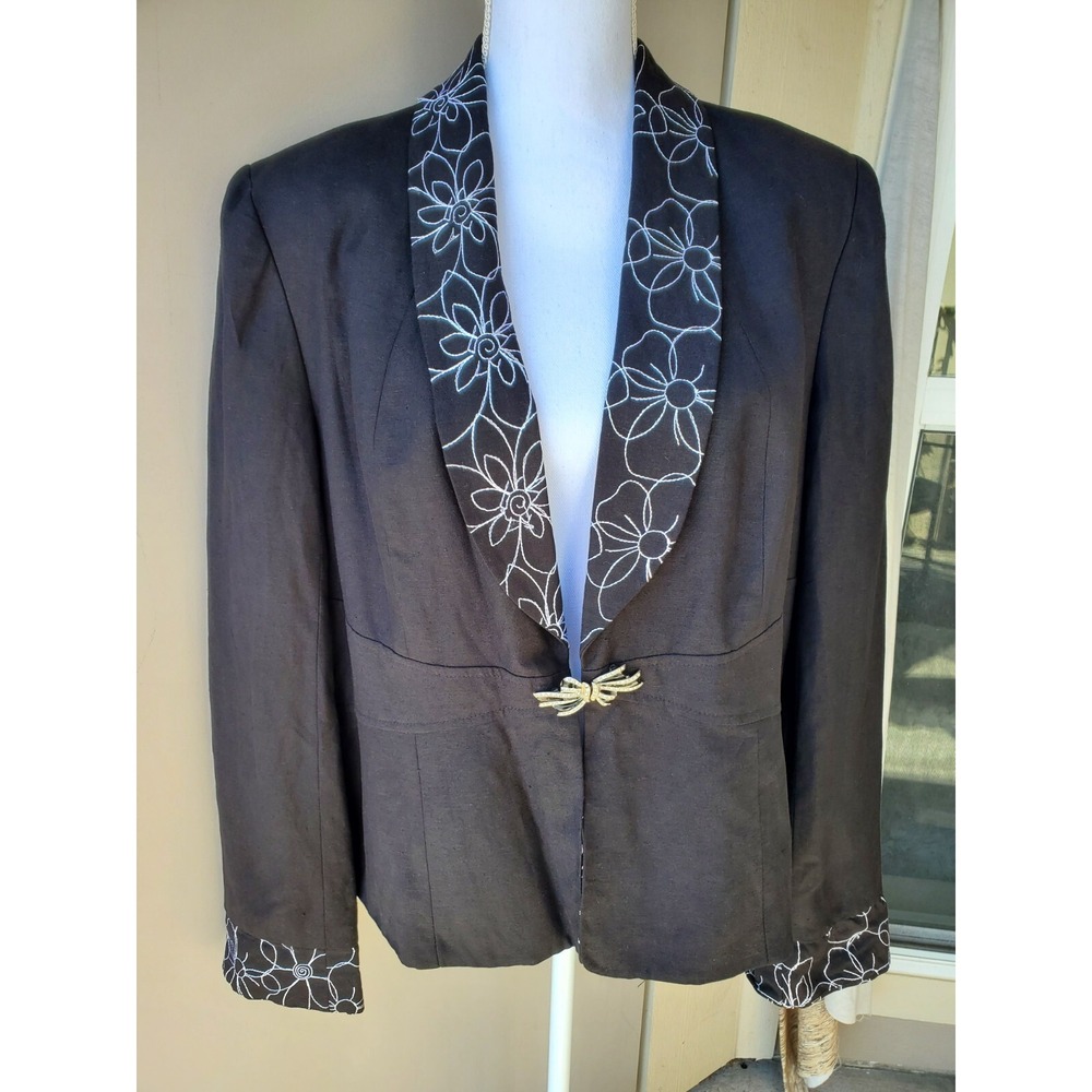 Lily & Taylor Blazer Jacket Womens 18 Black White Floral‎ Linen Blend Lined VTG
